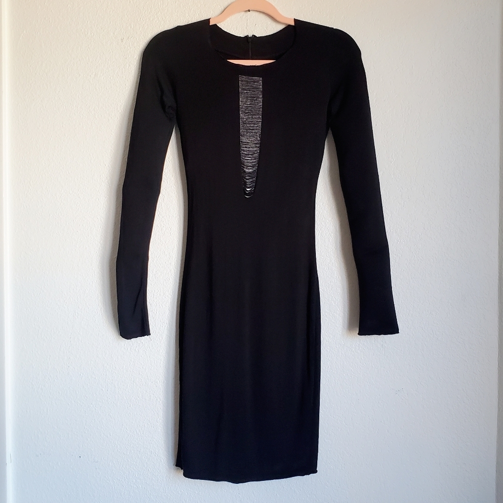 Raquel Allegra Shred Front Bodycon Longsleeve Stretchy Knit Dress Black sz 0